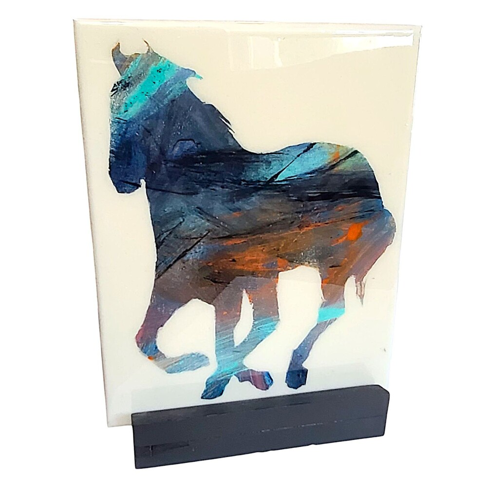 Vintage Signed 1966 Abstract Wild Horse Painting 8/10 Resin over Canvas w/ Stand